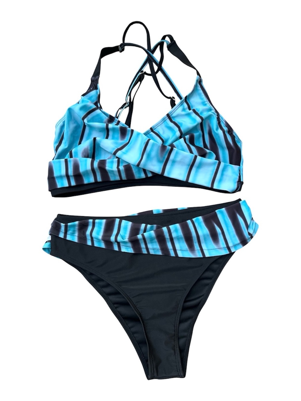 2 Piece Swimsuit Blue And Black Striped Strappy High Waisted Size M